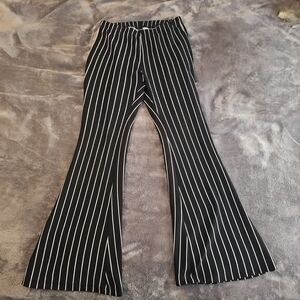 Shein Womens Bell Bottom Pants Black White Striped Elastic Waistband Large 8/10